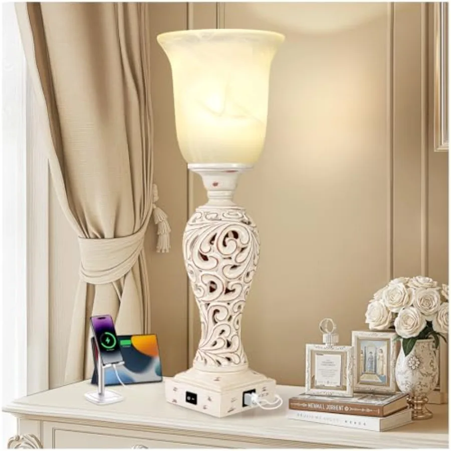 

20-дюймовая прикроватная лампа для спальни, настольная лампа-торшер с 2 USB-портами для зарядки, винтажная настольная лампа со стеклянным плафоном, 3-уровневая регулировка яркости B
