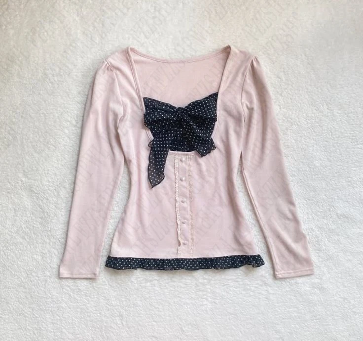 

2026 Cute Aesthetic Woman Tees Sweet Long Sleeve Vintage Y2K T-shirts Chic Casual Polka Point Bow Tops Slim Elegant Harajuku