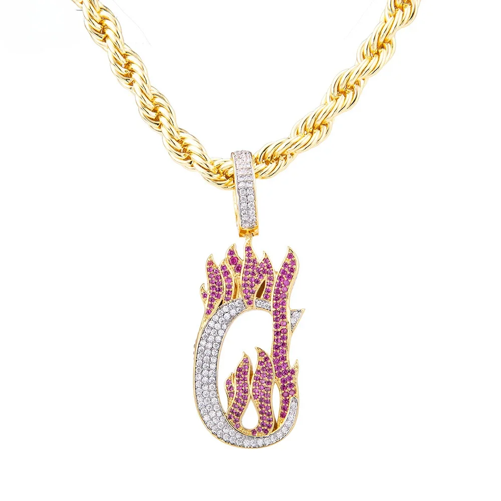 Cubic Zirconia Initial Pendant Flame Letter C Pendant Men's and Women's Hip Hop Necklace Gold Plated Zircon Jewelry Items