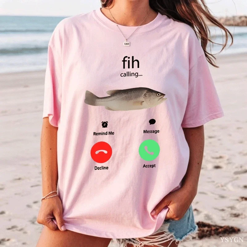 Fih Calling Remind Me Message Decline Accept Phone Call Fish T-Shirt Funny Fishman Graphic Outfit Short Sleeve Blouses Novelty