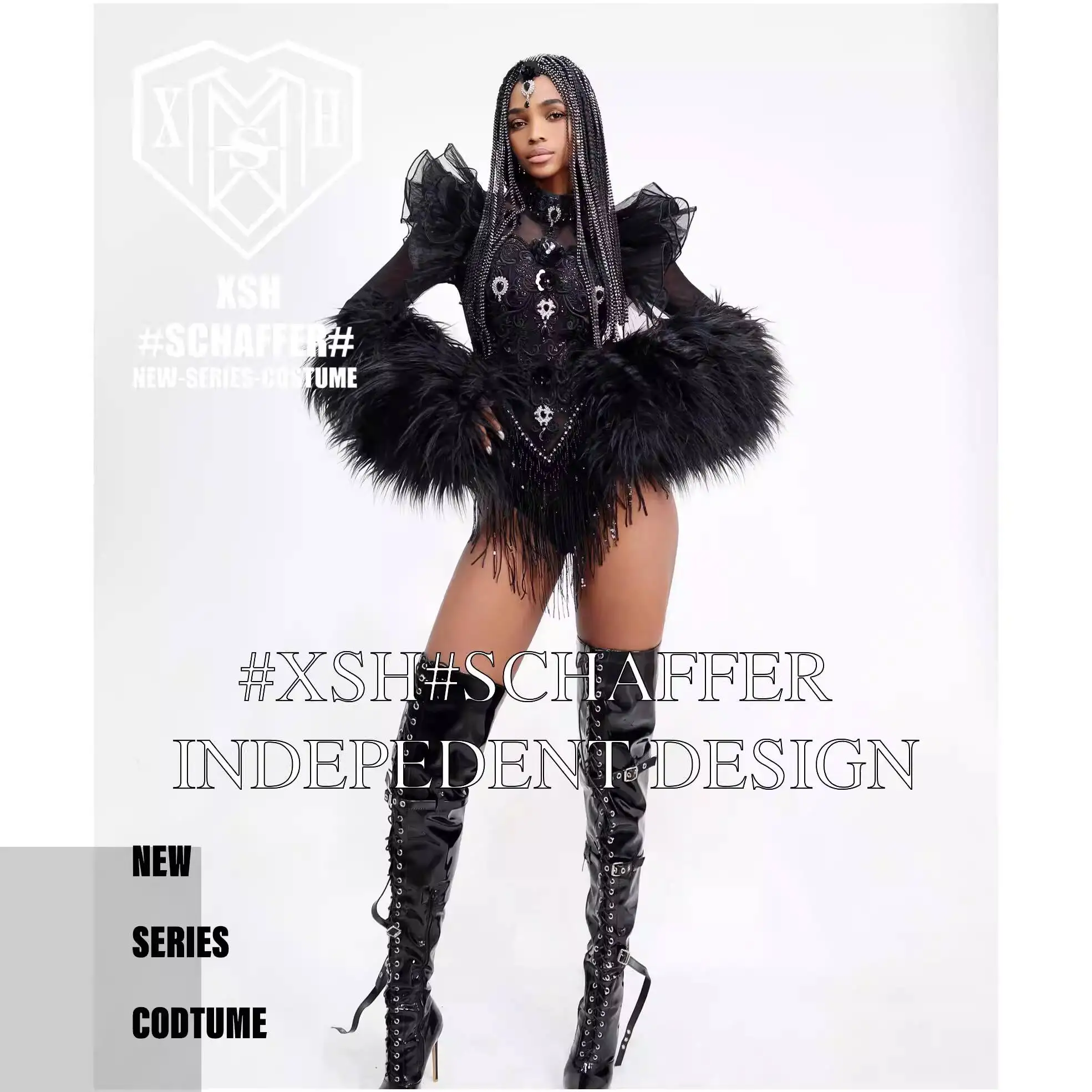 Halloween Bar Gogo Women's Sexy Nightclub Black Lace Fringe Furry Sleeves DS Singer Personality Performance Costume Custom view 2