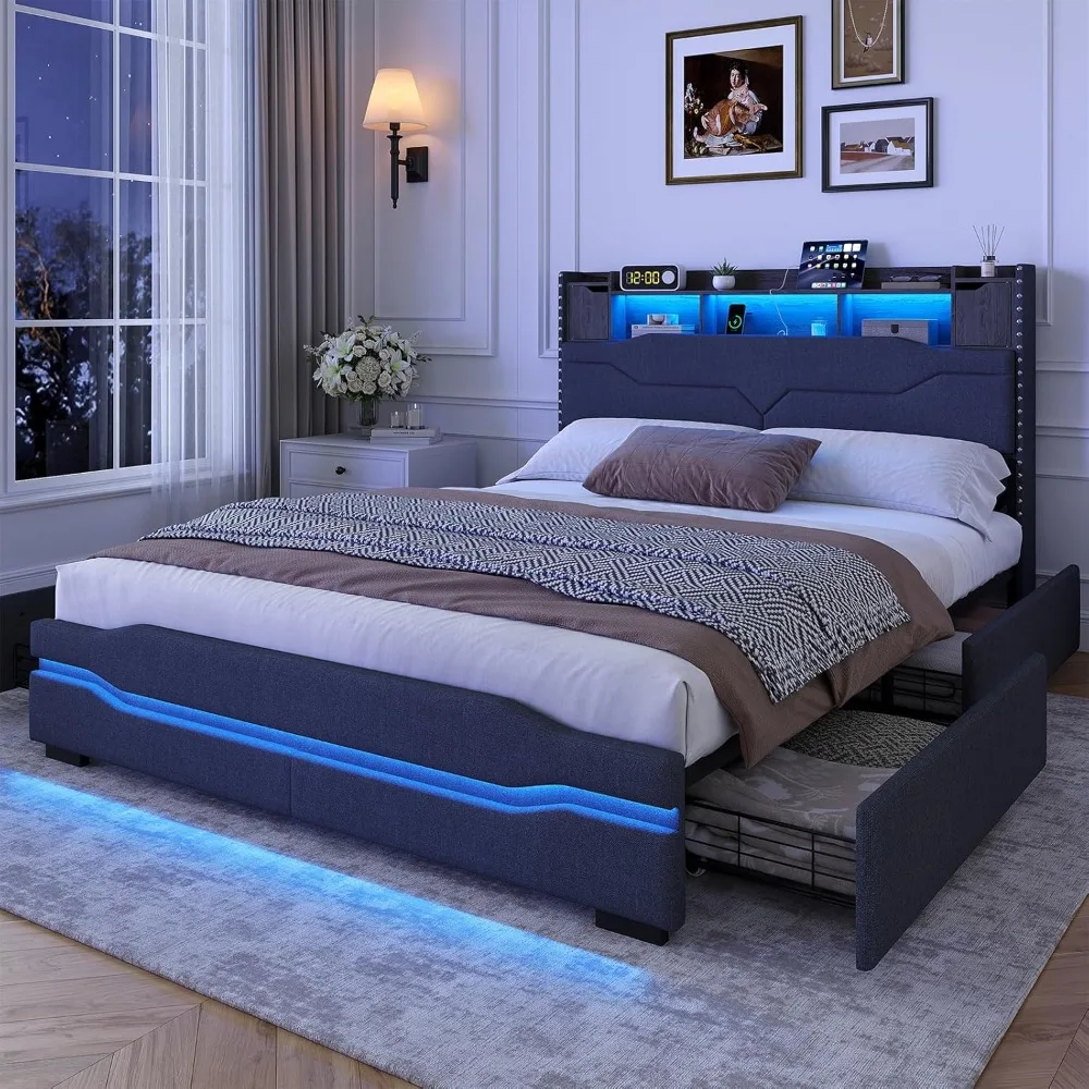 Maupvit Queen Size LED Bed Frame with Storage, 4 Drawers, Charging Station, Metal Base, No Box Spring Required