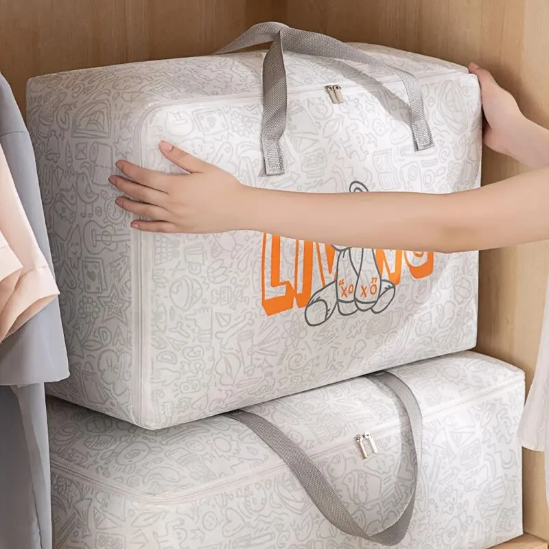 1pc Bear Pattern Clothing and Quilt Storage Bag Non-woven Fabric Thickened Bedroom Storage Travel Moving Bag