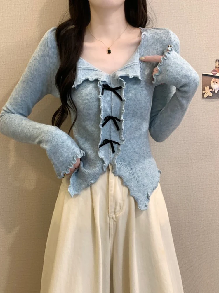 Women's Knitted Wool V Neck Base Shirt Fashionable Autumn Winter New Style Sweater Solid Color Full Sleeve Top Female Trendy M6