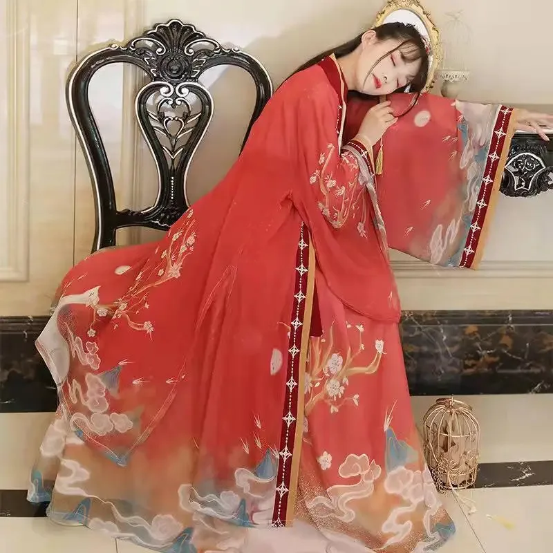 

Новая древняя юбка феи с градиентным узором лося Hanfu, китайская традиционная женская одежда, платье принцессы, сценическое шоу, косплей