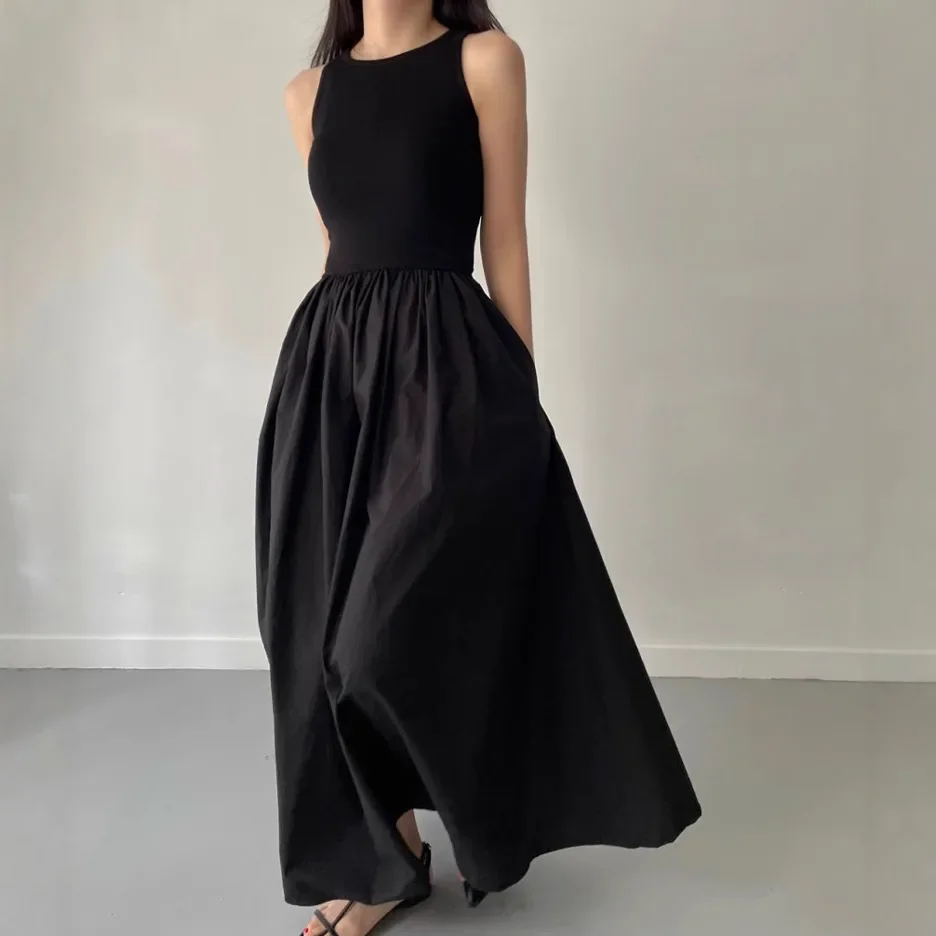

New Niche Simple Round Neck Waist Slimming Patchwork Pleated Large Swing Sleeveless Dress