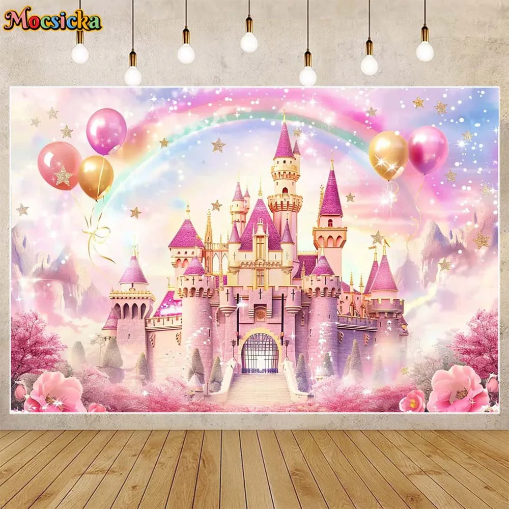 Mocsicka-Toile de fond pour la photographie, château rose, ballon arc-en-ciel, fond photo de princesse pour fille, décor de fête d\'anniversaire pour