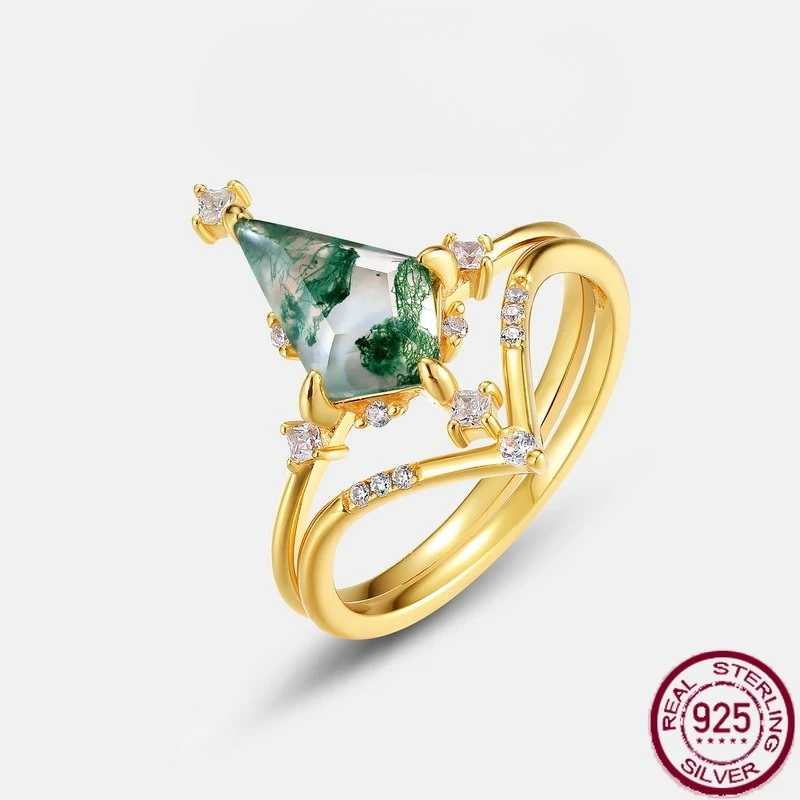 

New S925 Pure Silver Green Moss Combination Ring for Women, Unique Water Grass Agate Ring, Light Luxury Wedding Jewelry