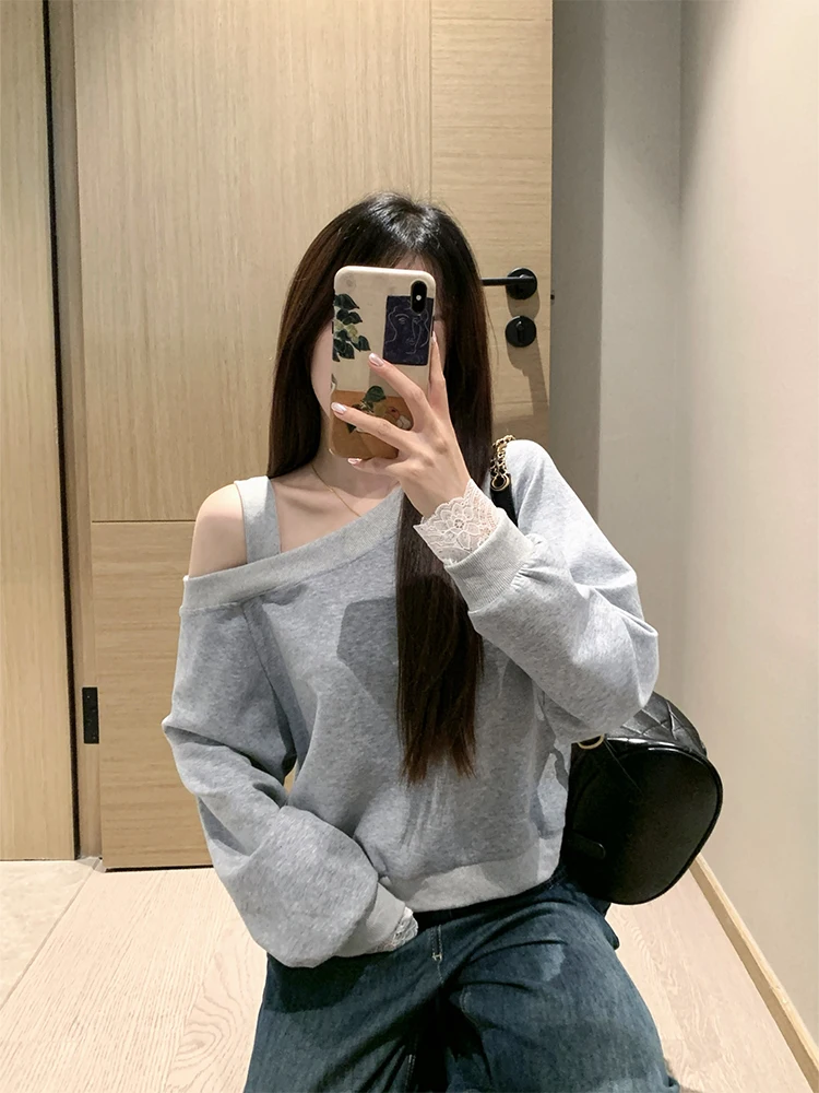 

ay One-oulder Casual Long-Sve Women's T-irt Faionable Korean Sle All-Match Autumn Winter Streetwear Top