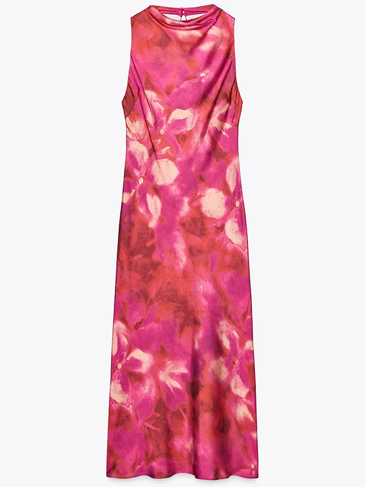 Estate nuovo arrivo donna Ele raso di seta stampa Svel Midi Dr gonna lunga a vita alta abito europeo Sle rotondo Ne