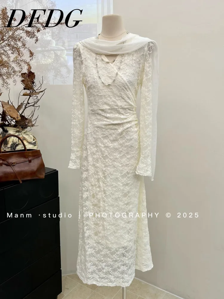 

DFDG Women's Spring Autumn Beige Lace Dress Sheer Scarf Long Sleeve Maxi Elegant Formal Wear 2026 Trendy Feminine Outfit Dress