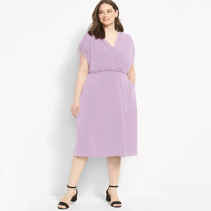 Plus Size Surplice Neck Elegant Summer Ruched Dress Women Elastic Waist Midi Wrap Dress Female Large Size Casual Party Dress 6XL