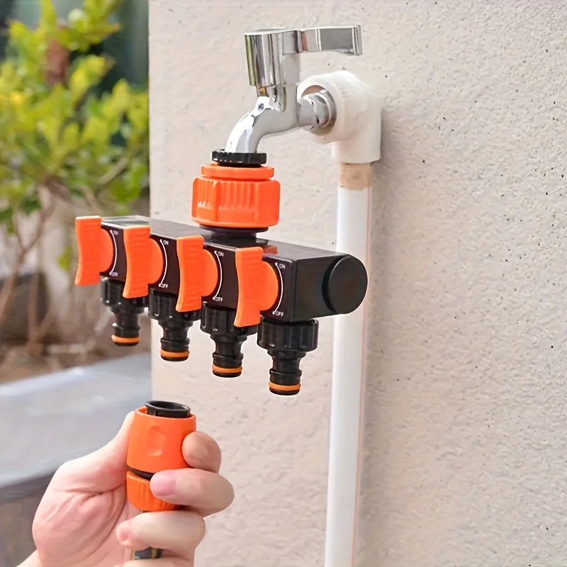4-way garden hose diverter with 4 independent switches - suitable for lawn, garden and car wash sprinkler systems.