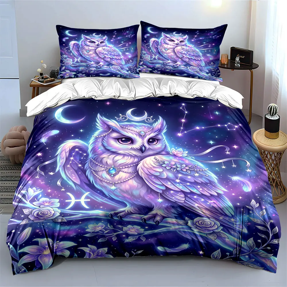 Mystical Night Sky with Ornate Purple Owl Printed Duvet Cover Set 1 Duvet Cover+2 Pillowcase Multi Size Bedroom Bedding Decor