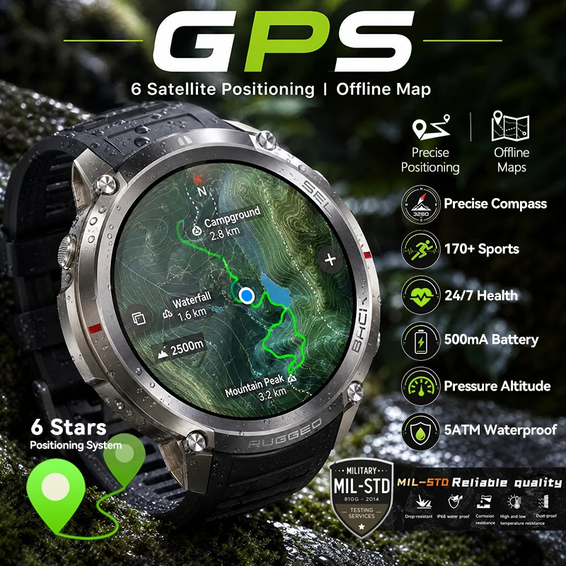 2026 New GPS Technology Offline Map 500mAh Battery Smart Watch GPS Compass Altimeter 5ATM Waterproof Sports Smart Watches Men