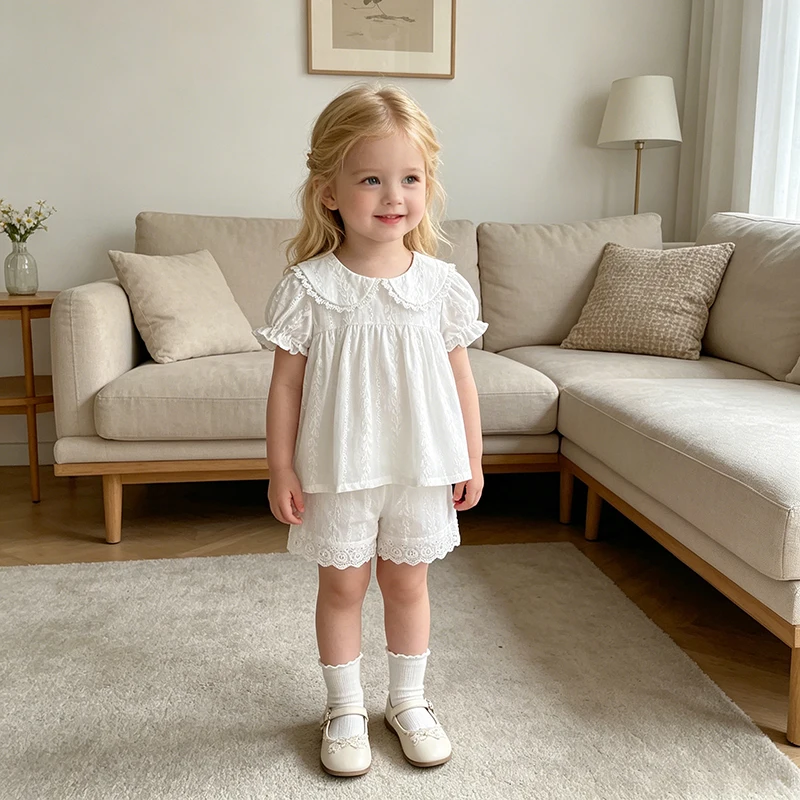 2026 Neues Sommer-Kleidungsset für Mädchen Einfarbiges Besticktes Stylisches Zweiteiler-Set Kurzärmeliges Spitzenhemd + Shorts Baby-Mädchen-Set