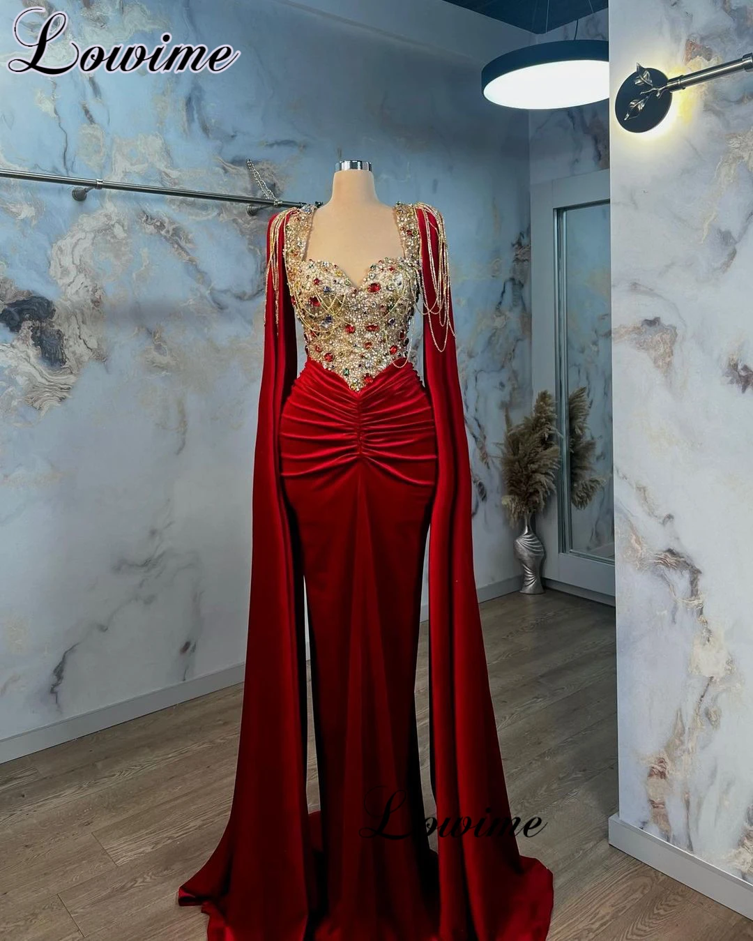 Dubai Muslim Red Velvet Evening Dresses With Crystals Long Sleeves Mermaid Formal Occasion Dresses Prom Dresses Robes De Soirée