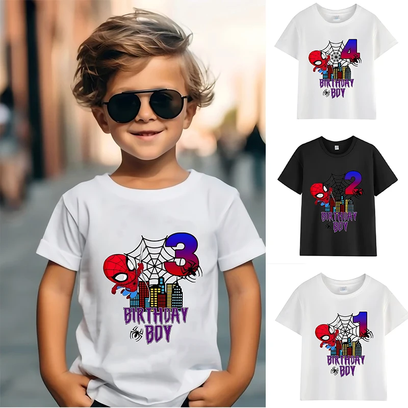 

Летняя одежда для малышей «Человек-паук» Marvels, футболка на день рождения для маленьких мальчиков и девочек, топы с принтом цифр, детская хлопковая рубашка, футболки для малышей