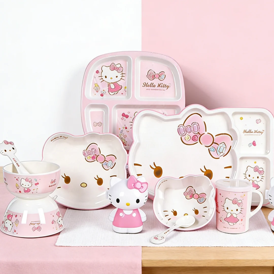 

WUHE 8PCS Cute Cartoon Dinnerware Set, Tableware Set Includes Plate Bowl Cup and Spoon Utensil Flatware, Dishwasher Safe