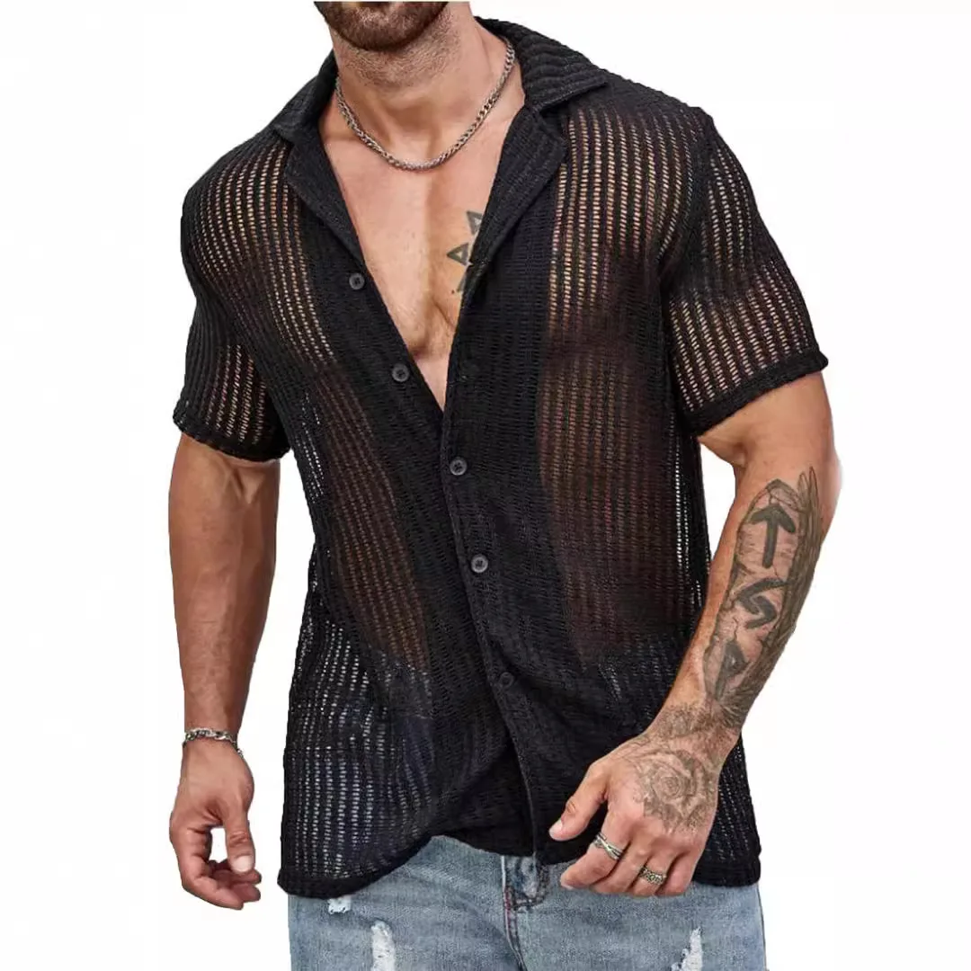 Mens Summer Cool Shirt Casual Sweater Hollow Out Breathable Short Sleeve Lapel Fashion Menswear