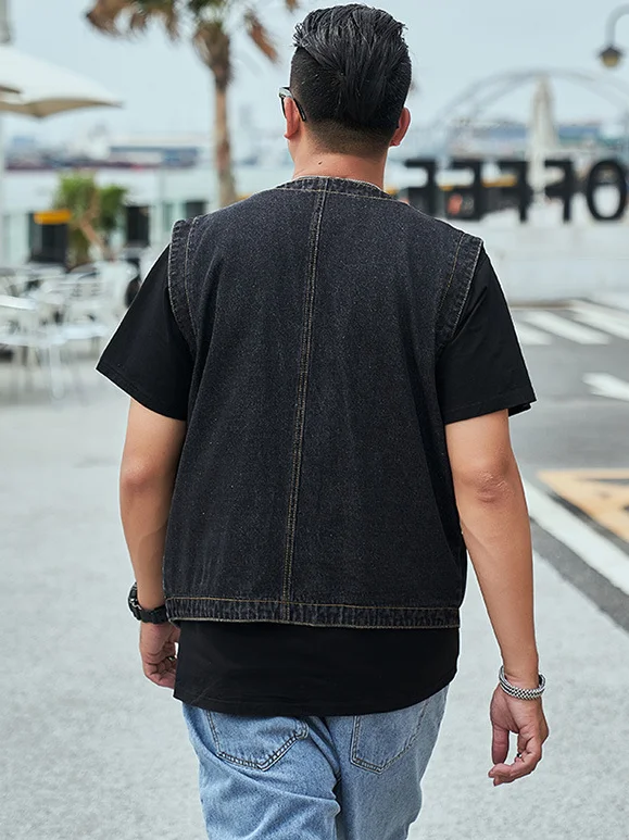 سترات جينز كبيرة الحجم، سترة جينز على الطراز الصيني برقبة على شكل حرف V، صدرية بدون أكمام للدراجات النارية للشباب