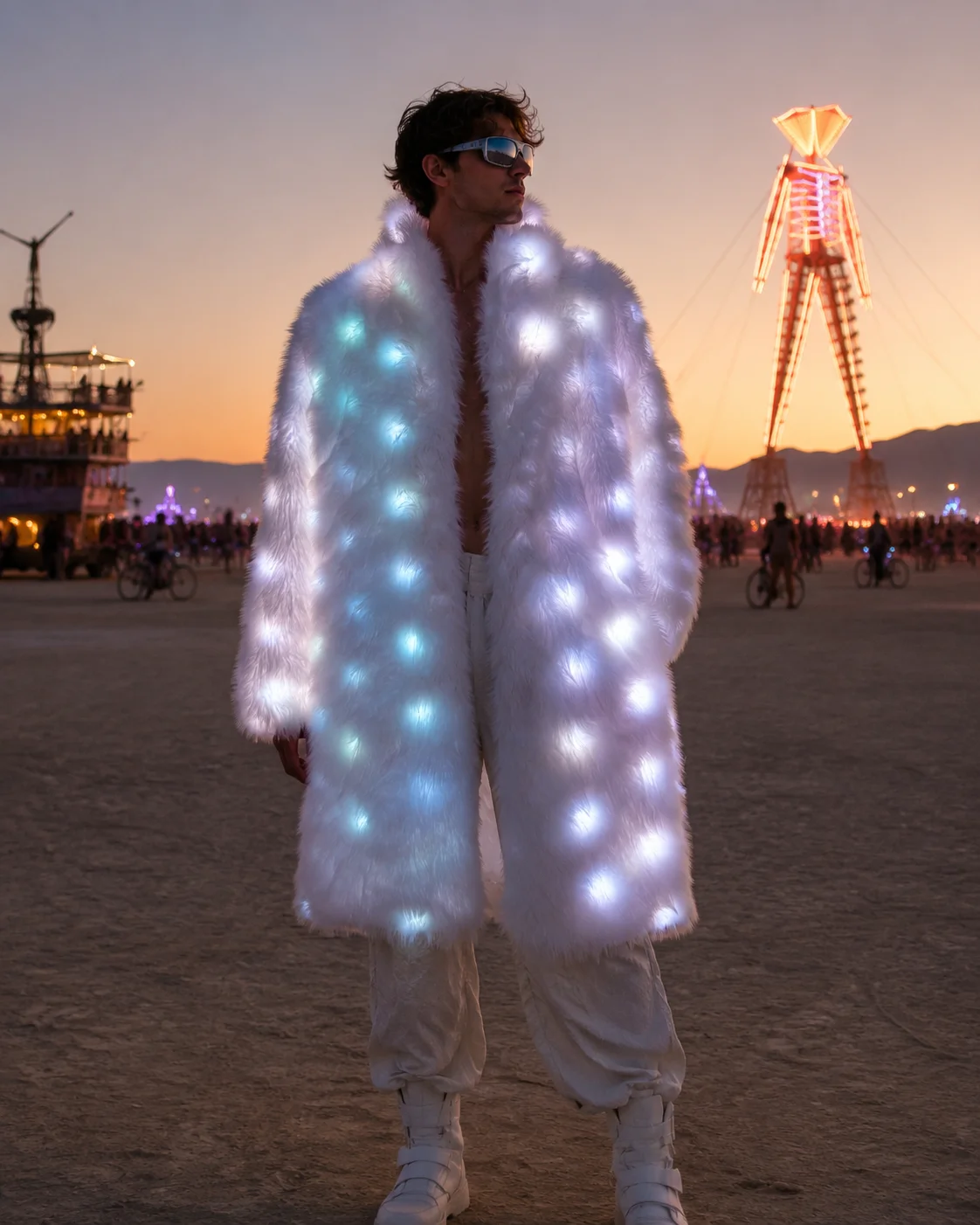 LED Long Jacket Stage Dance Party Cosplay Costume Overcoat Faux Fur Coat Men Hooded Outerwear Comfortable Thick Winter Warm
