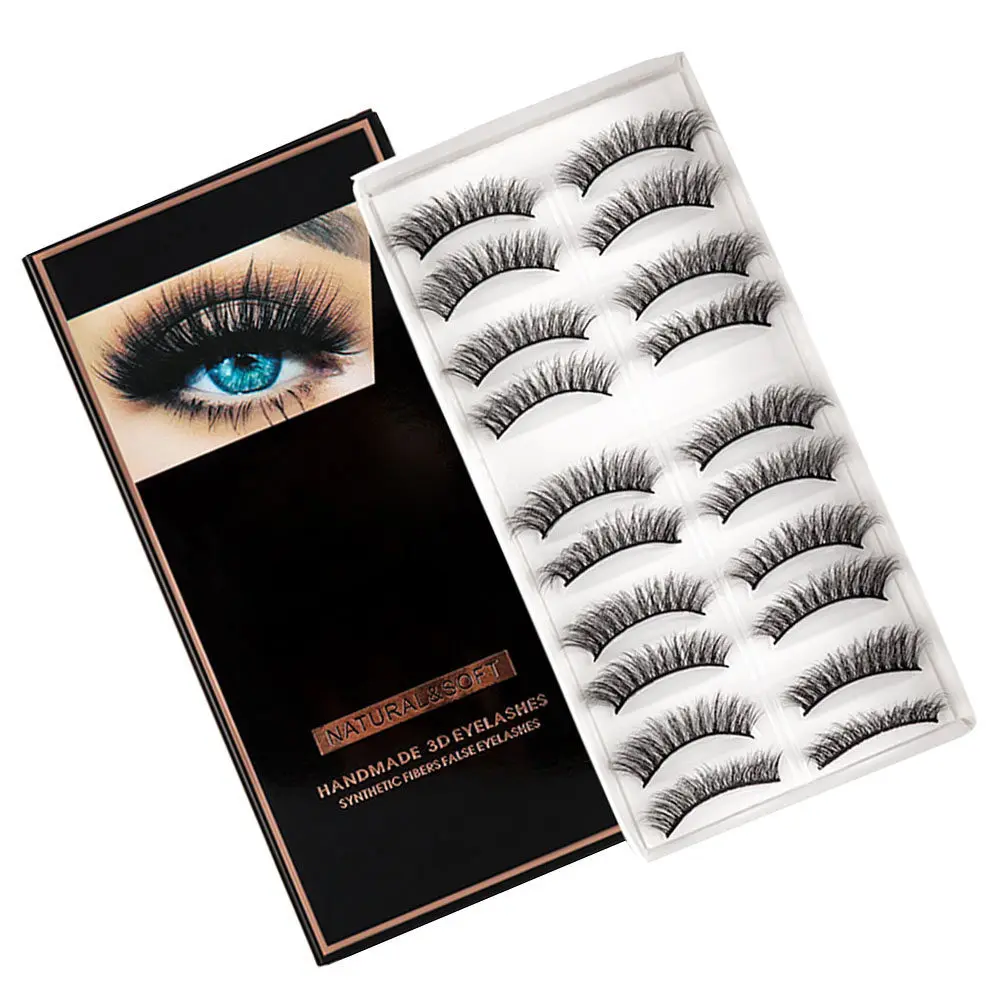 10Pairs Natural 3D False Eyelashes Fiber Makeup Lashes for Daily Wear Curlable Trimmed Band Adjustable Eye Enlarging Brightening