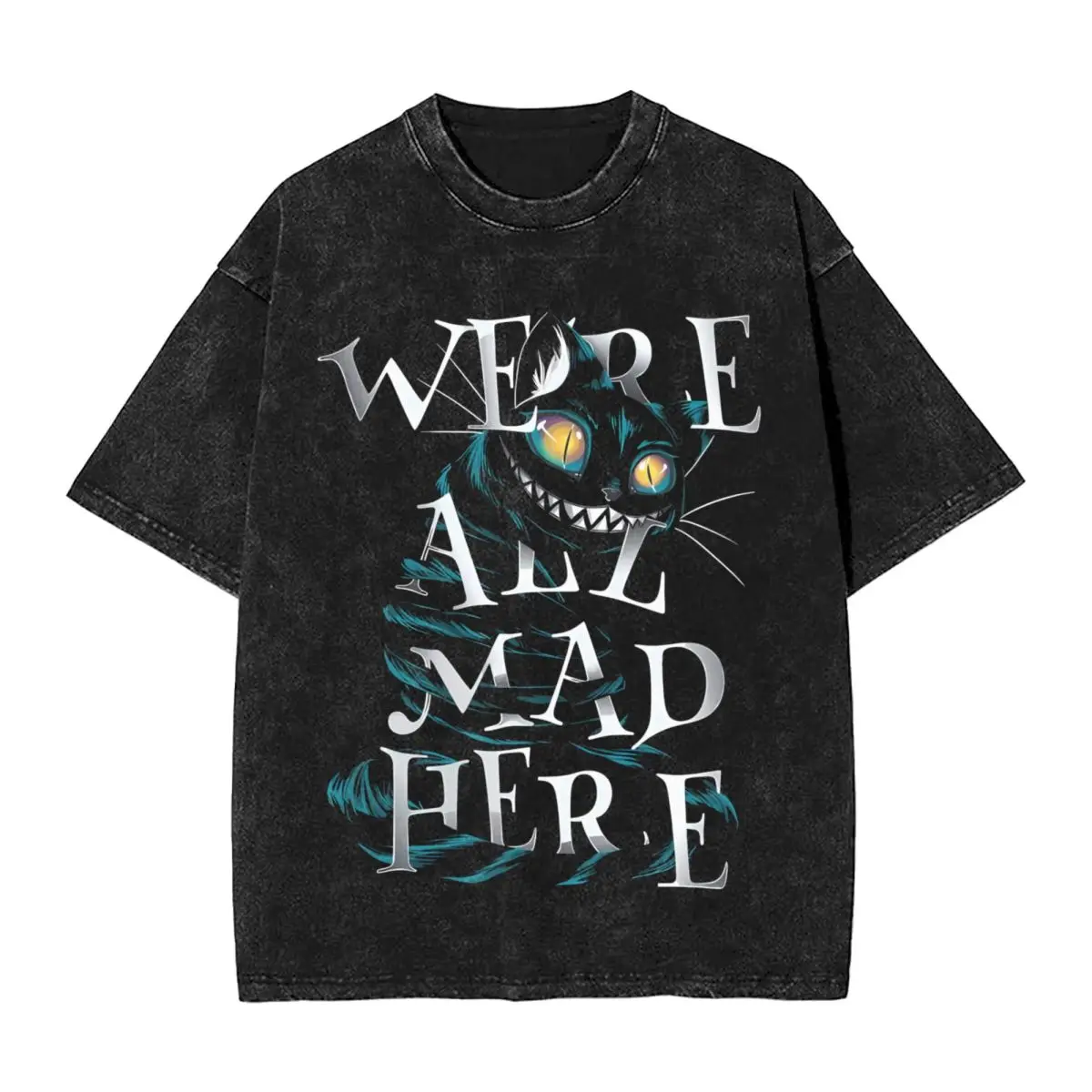 Alice In Wonderland Cheshire Cat Woman Men Cotton Washed Hot Stamping Print T-Shirt, Harajuku Y2K Men's Summer Short Sleeve Tees