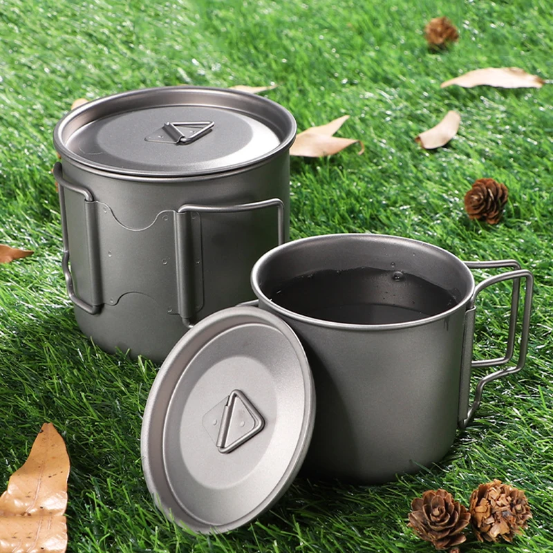 

500ML Titanium Cup With Lid Handle Outdoor Mug Camping Folding Water Cups Tableware