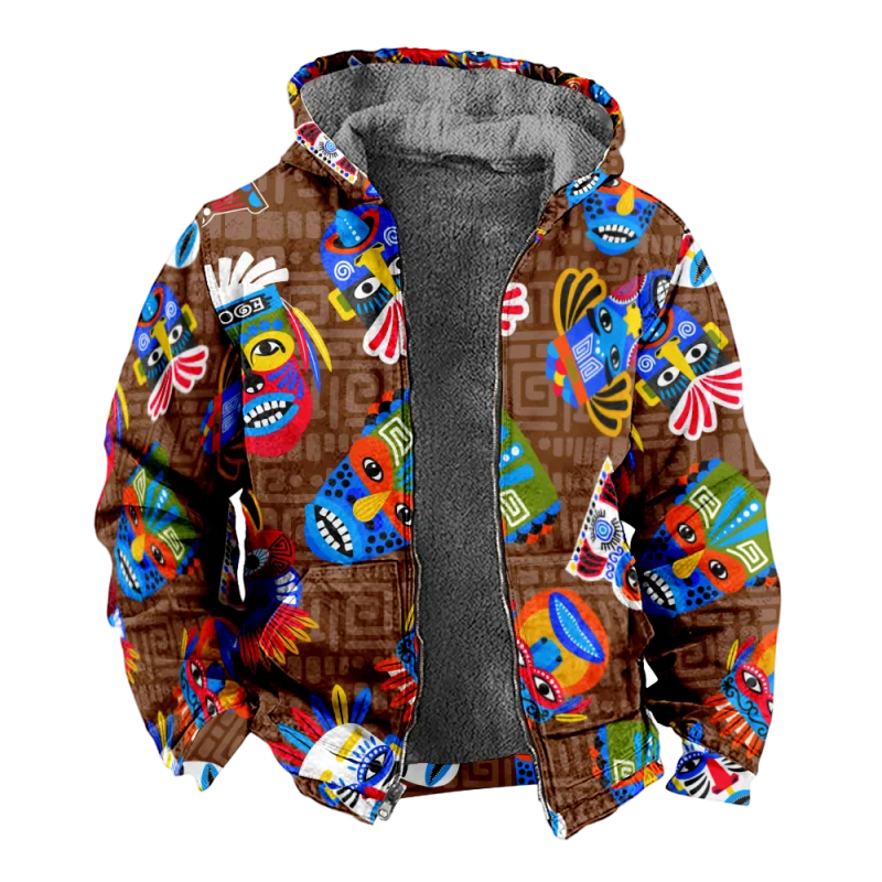 New Creative Cotton Coat Hooded Sweater Casual Print Men's Fur Loop Arctic Velvet Zipper Patch Pocket Hooded Sweater a44