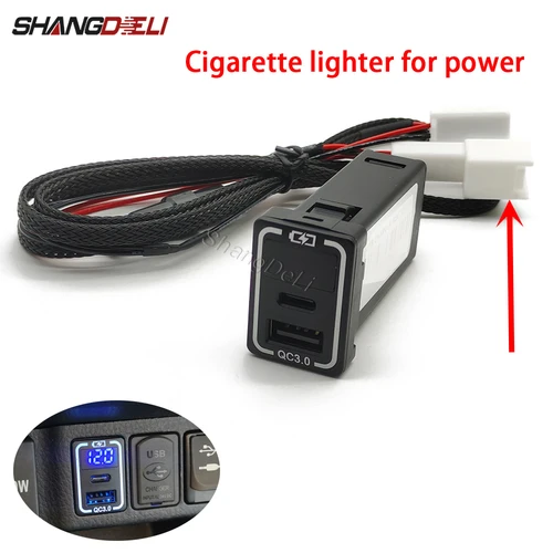 Puerto USB QC3.0 para coche con LED azul, cargador rápido TYPE-C, adaptador de carga de teléfono, pantalla de voltaje para Toyota Prado 150 Corolla Hilux 2020