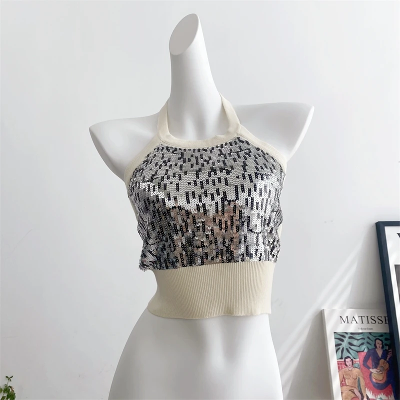 

Summer 2023 Women Crop Tops Camis Sexy Backless Club Party Rave Glitter Slim Tank Top