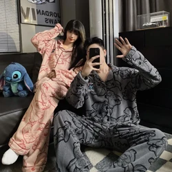 Disney Stitch Coral Velvet Winter Pajamas Men And Women With Velvet Two Piece Set Couple Pajamas Printed Embroidered Pajamas