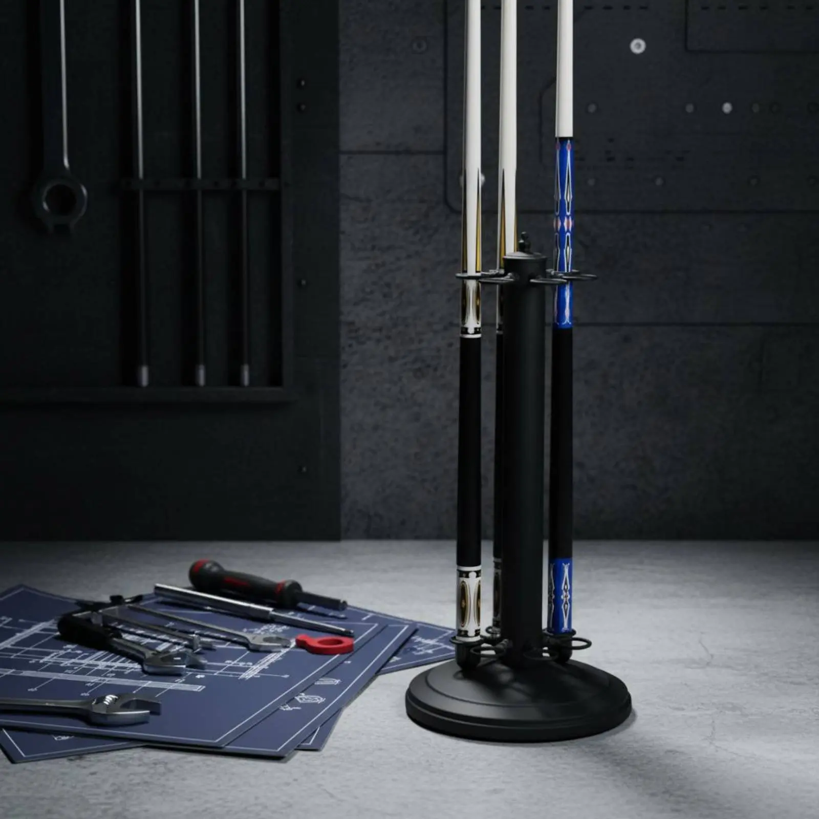 6 Hole Cue Rack Heavy Duty Floor Cue Rack Game Room Gear Stable Base Sports Storage Polished Loop Design
