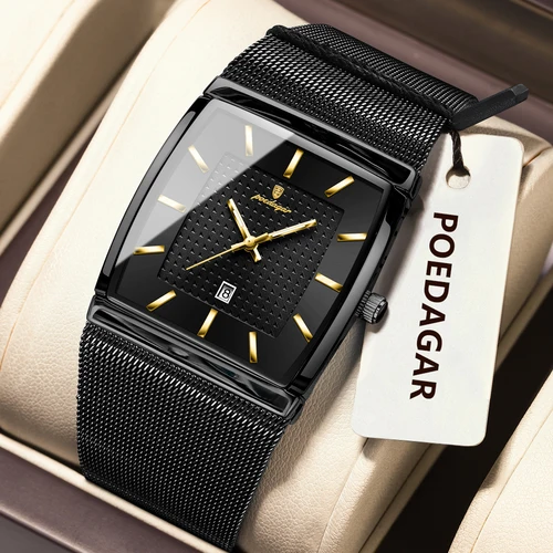 Reloj POEDAGAR elegante de lujo para hombre, Reloj luminoso resistente al agua con malla de acero inoxidable y fecha para hombre, relojes de cuarzo a la moda para hombre