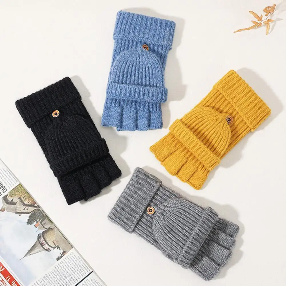 Half-finger Flip-up Gloves Knitted Fabric Gloves Winter Knitted Fingerless Gloves for Men Women Mittens with Flip Cover Warm