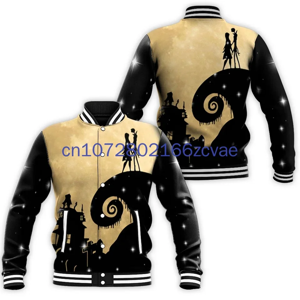 Chaqueta de béisbol de Jack And Sally para hombre y mujer, chaqueta informal de gran tamaño, pesadilla antes de Navidad, Disney, novedad