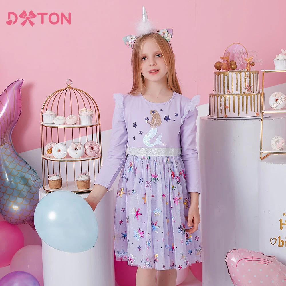 DXTON Mermaid Princess Dresses For Girls Sequin Children Holiday Party Costumes Star Print Mesh Patchwork Elegant Kids  Dress