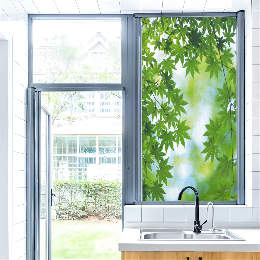 Window Glass Privacy Frosted Film Green Leaf Pattern Window Decorative Stickers No Glue Removable Heat Control Glass Door Flim