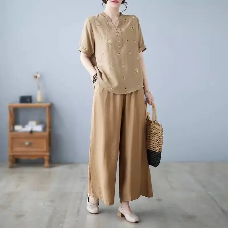 Linen Matching Summer Set Women's Wide Leg Pants Loose Embroidery Mother's Clothing Two-Piece Chinese Ethnic Style Outfits K1508