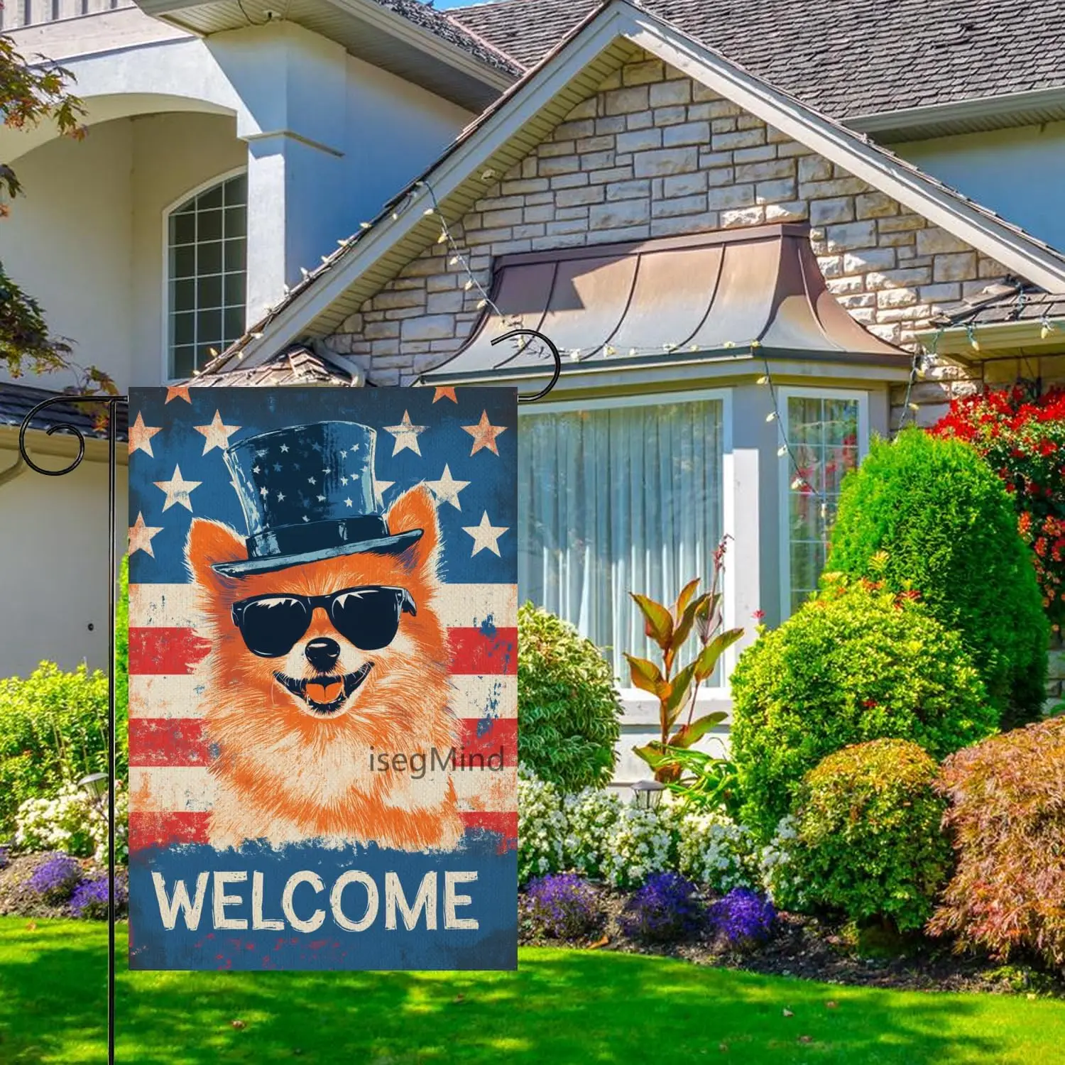 Patriotic Garden Flag 4th of July Pomeranian Garden Flag 12x18 Inch Double Sided Outside, Memorial Day Welcome Yard Flag Out SSL