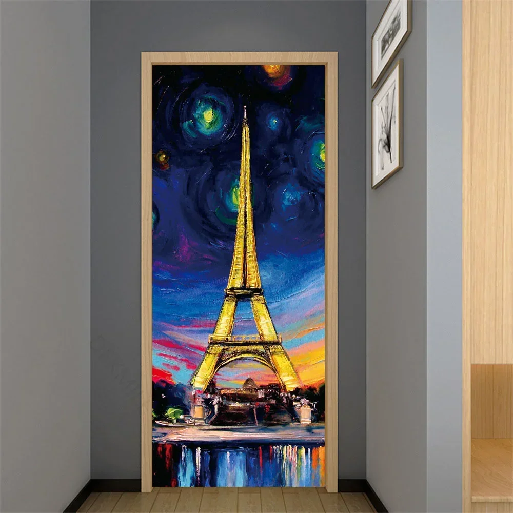 Van Gogh Starry Night Door Sticker Vintage Oil Painting Self-Adhesive Wallpaper Porch Living Room Art Mural Interior Doors Cover