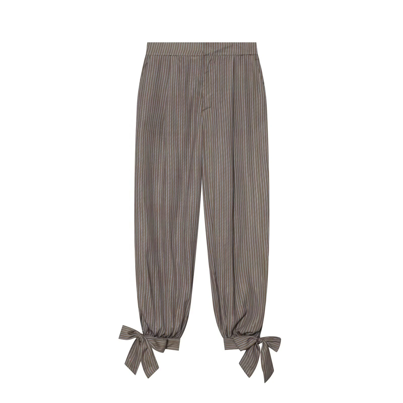European and American women's retro casual high waisted striped lantern pants, women's bow decoration linen blended pants