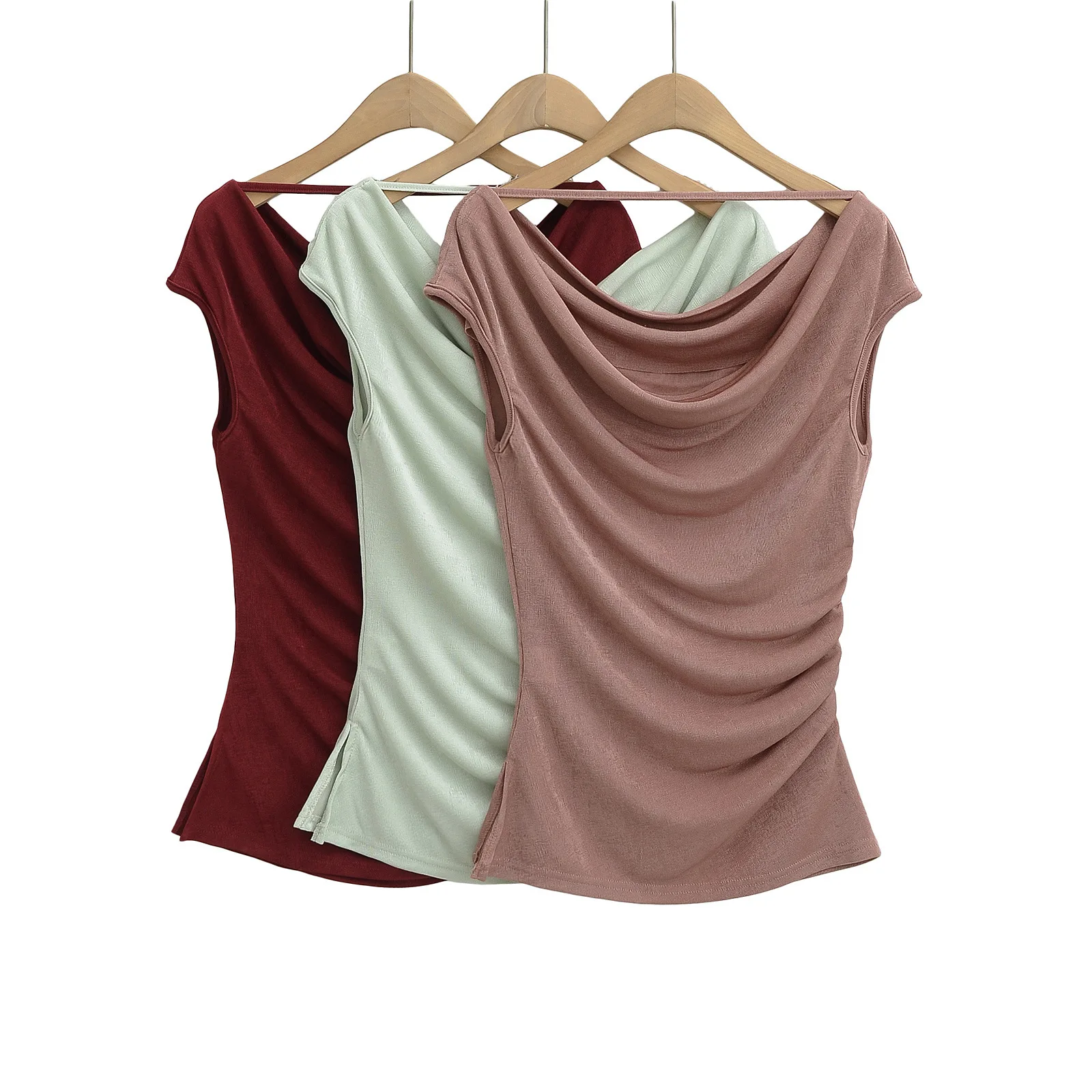 Purely alluring summer style slim-fit three-way wear T-shirt top with a ruffled neckline off-shoulder design sleeveless ML0Q