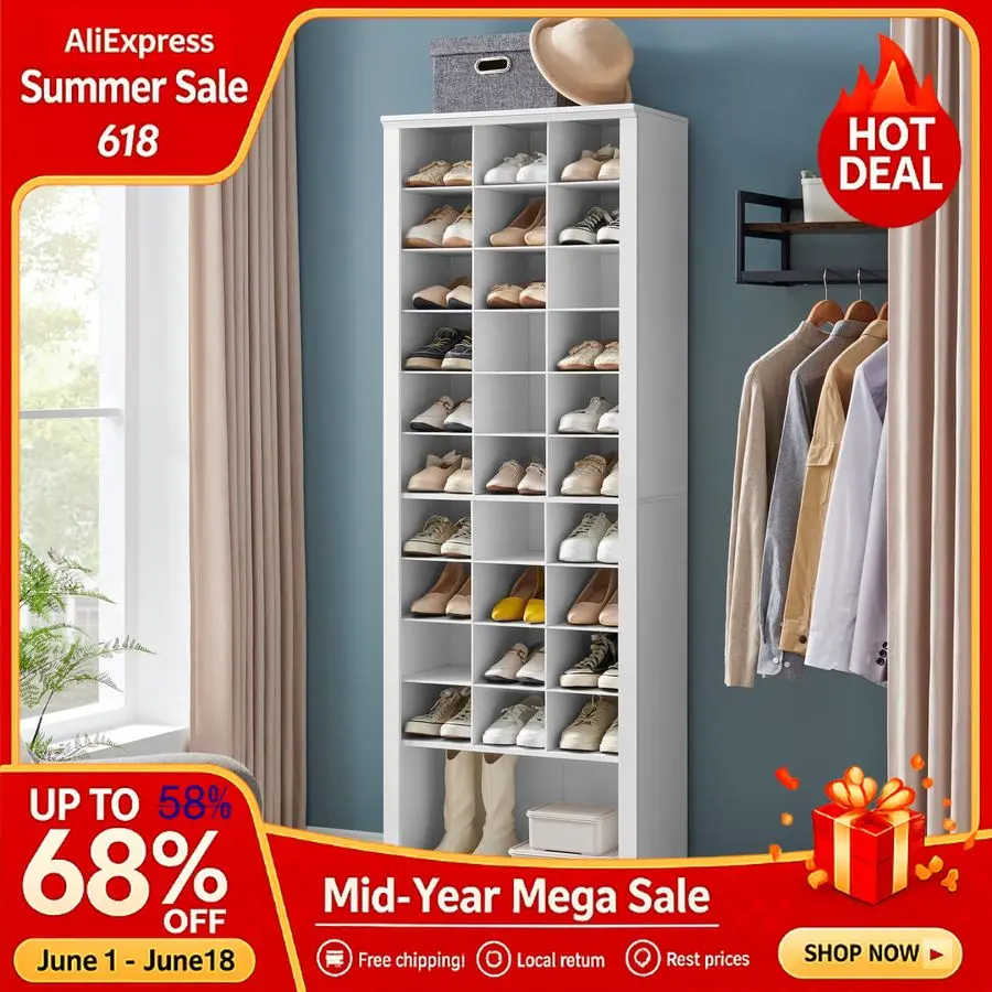 

Tiers Shoe Storage Cabinet, Tall Shoes Cabinet with Cubby, Freestanding Wooden Shoe Organizer, 3033 Pairs, Shoes Cu Customizable