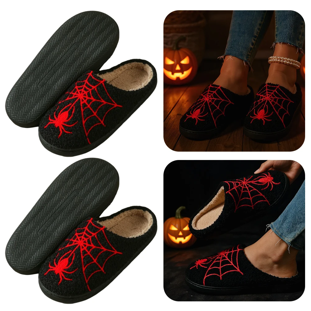 

Halloween Comfortable Furry Slippers Thick-Soled Fluffy Home Slippers Spider Web Pattern Warm Slip-On House Shoes for Men Women