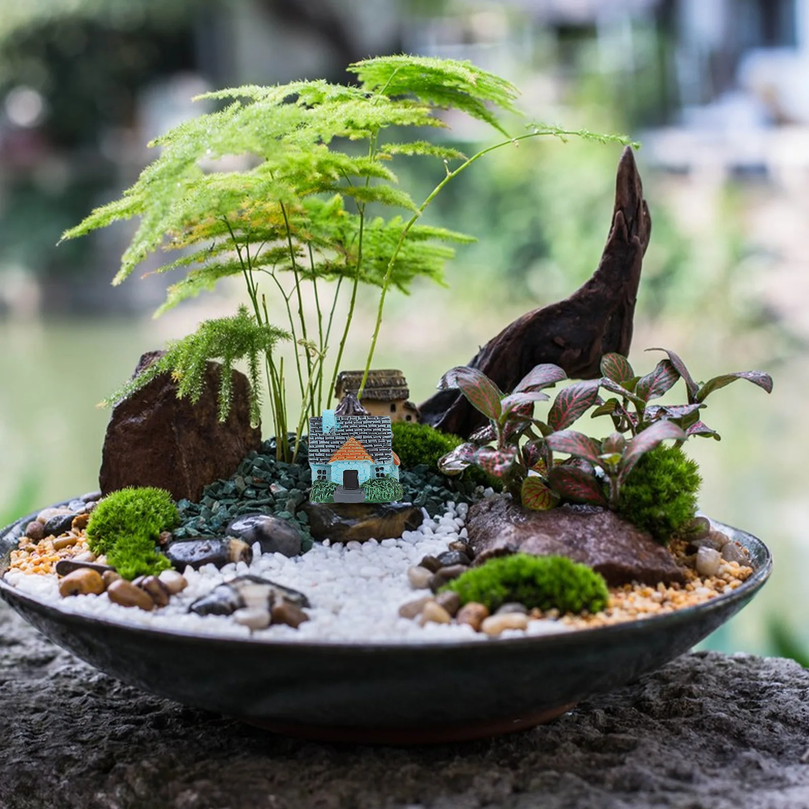 Adorno de cabaña de resina en miniatura de 4 Uds.: Villa micropaisaje para decoración de bonsái de jardín de hadas, accesorios de plantación suculenta,