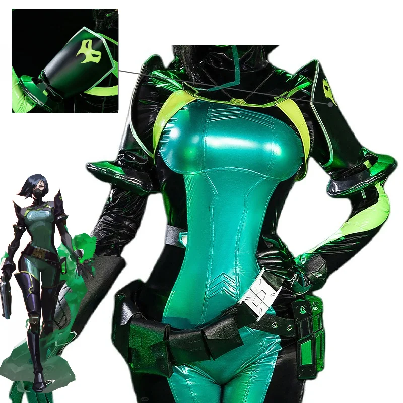 Viper Cosplay Costume Valorant Viper Green Tight Combat Suit Tactical Accessories Mask Wig Set Halloween Party Rolepaly Suits