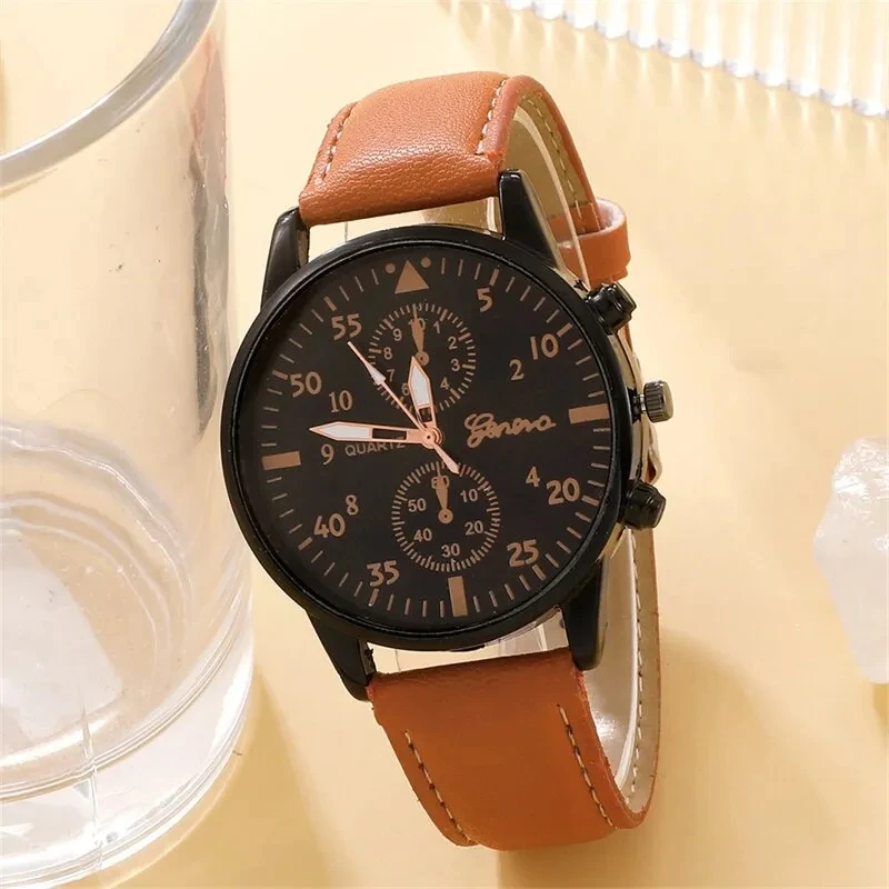 4PCS Set Fashion Mens Business Watches For Men Brown Leather Hand Rope Luxury Man Sport Casual Quartz Wrist Watch Reloj Hombre