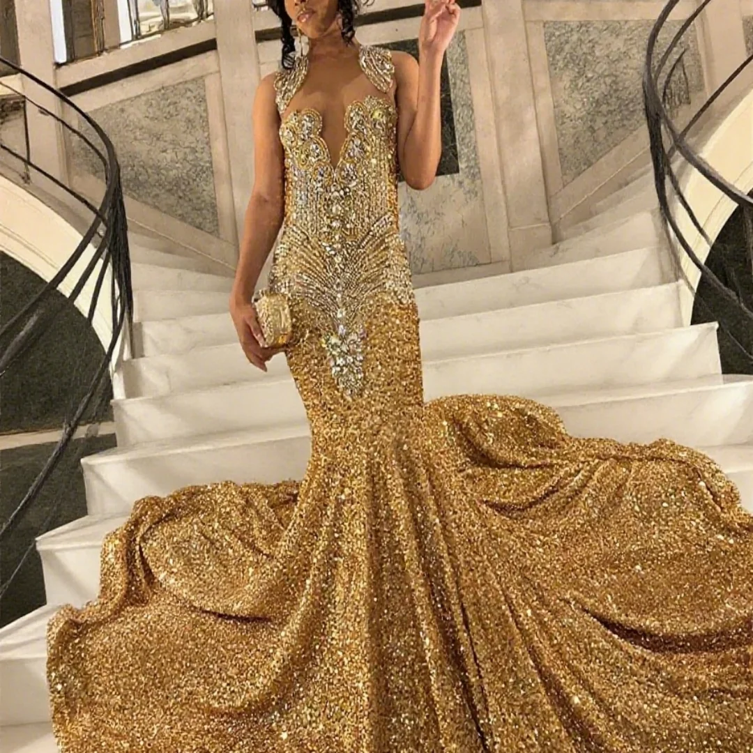 

Customized exquisite crystal sequin V-neck floor-length mermaid party dress for ladies, suitable for formal occasions